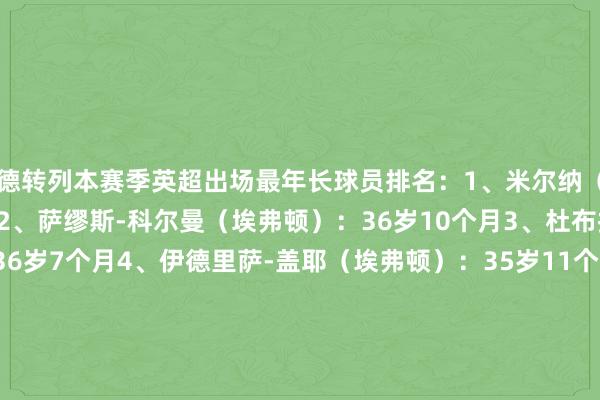 德转列本赛季英超出场最年长球员排名:1、米尔纳(布莱顿):39岁7个月2、萨缪斯-科尔曼(埃弗顿):36岁10个月3、杜布拉夫卡(伯恩利):36岁7个月4、伊德里萨-盖耶(埃弗顿):35岁11个月5、
